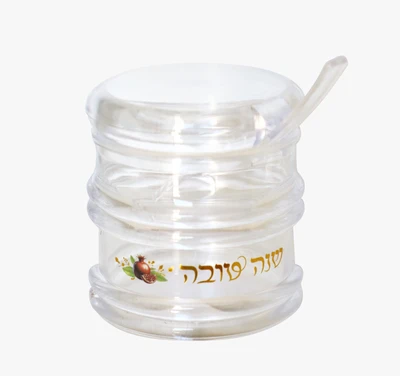 צנצנת דבש פלסטיק+כפית-כ9 ס"מ גובה