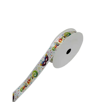 סרט סאטן רוחב 1.5 ס"מ- 10 מ' פורים שמח דגם מסכה